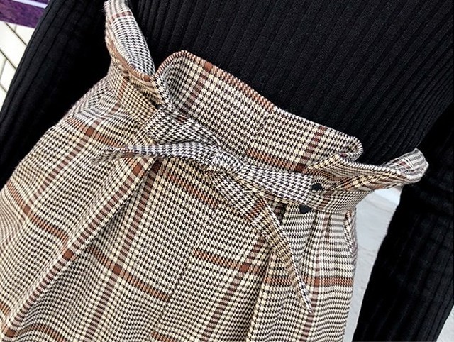 ２点セット チェック柄ワイドパンツ 長袖ｔシャツ レディース チェック パンツ ワイドパンツ トップス 黒 ブラウン 秋 新作 A Otb Closet