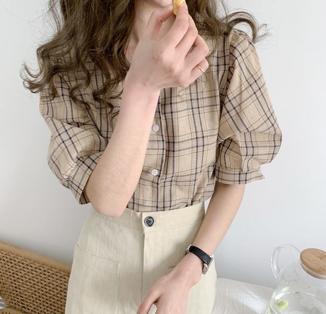 3color チェック柄 スクエアネック ブラウス トップス ベージュ
