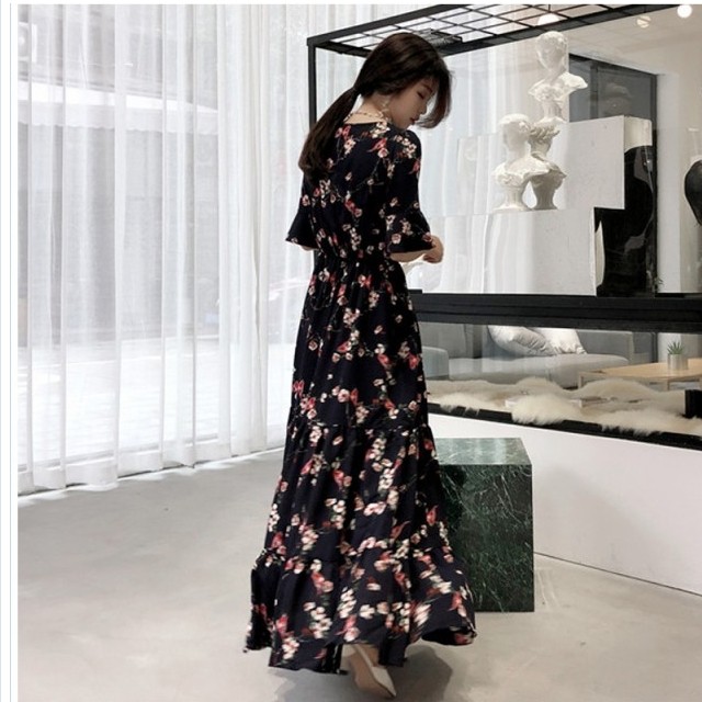 ワンピース 花柄 小花柄 ワンピース 花柄ワンピース ドレス ミモレ丈 ロング丈 シースルーワンピース 長袖 春 夏 お出かけ デート ハイウ Basecamp49