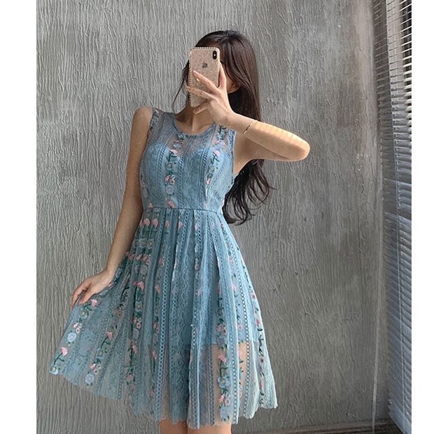 ブルー 花柄 ピンク 青 水色 ワンピース ドレス ノースリーブ ガーリー プリーツ 花柄 ミニスカ Loveysmileshop