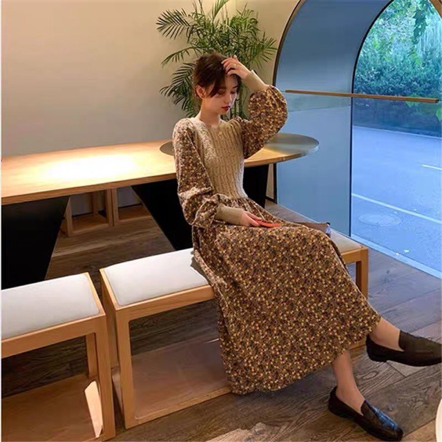 長袖 花柄 レトロ 可愛いレイヤード風 袖コンシャス パフスリーブ ミディ丈 ワンピース 入学式 ママドレス 卒園式 入園式 セレモニードレス カジュアル カジュドレ セットアップやパンツドレスなど二次会ドレスに合う海外ファッションサイト Urubei