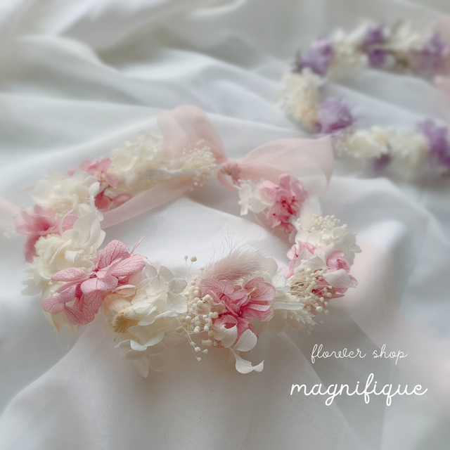 再販 1 ピンク系 ドライフラワー 花かんむり 花冠 ベビー キッズ Magnifique5