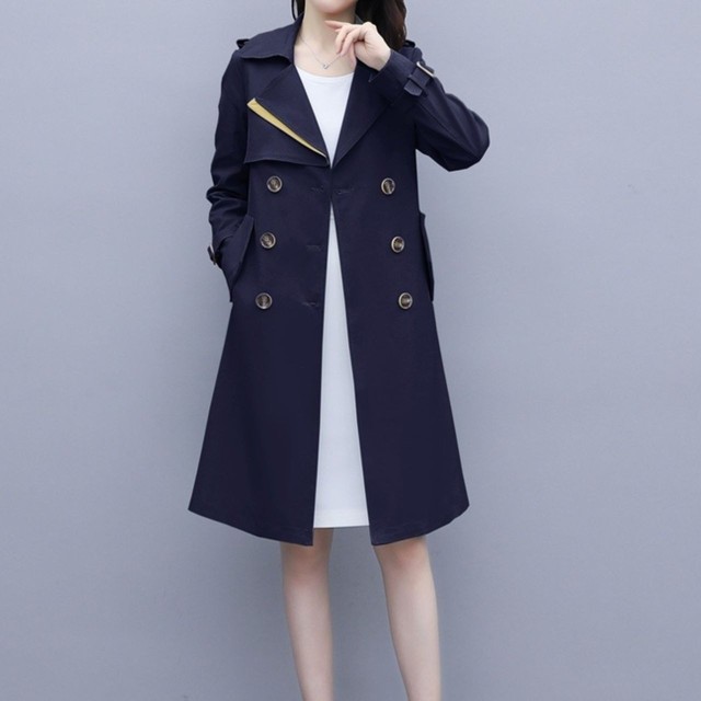 ロング トレンチコート アウター 無地 ２way Aライン タイト フォーマル きれいめ 秋冬 通勤 ウエストマーク レディース ネイビー 青 Gratias