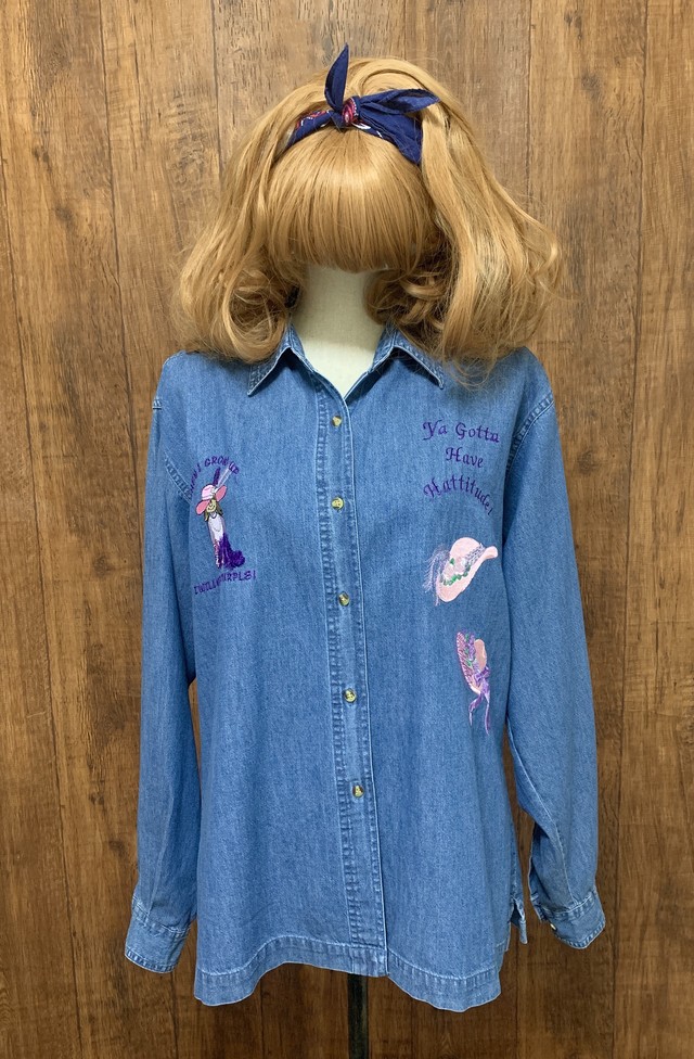 女の子 刺繍 個性的 デニム シャツ ゆったり 大きめ アメリカ Usa ユーズド Used ヴィンテージ Vintage 古着 ガーリー カントリー レトロ Club723 N Club723