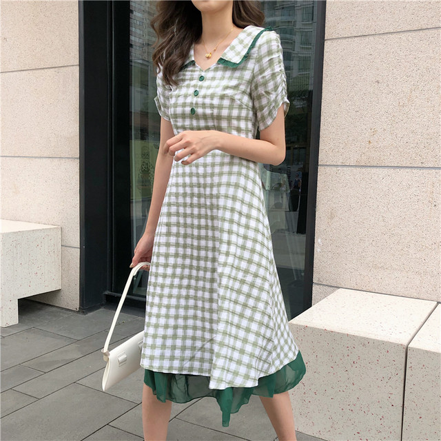 ワンピース きれいめ ひざ丈 ひざ下丈 ヘンリーネック 半袖 チェック ハイウエスト フレア Aライン グリーン 大人 上品 レトロ Evergreen