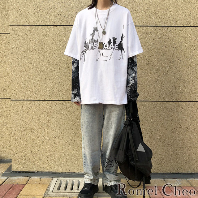 Romelcheo 二重袖ストリートシャツ ビッグシルエット オーバーサイズ ロンt ストリート パンク ロック スケーター ヒップホップ ファッション メンズ レディース ユニセックス 原宿系 カジュアル ロメルチェオ Romelcheo