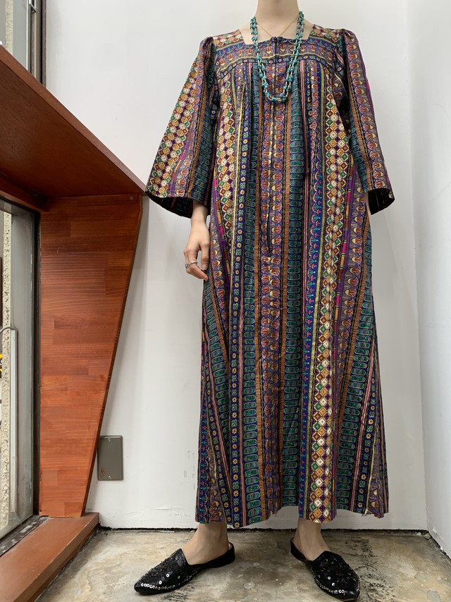 1980s Krist Gudnason Ethnic Print Square Neck Half Zip One Piece Ml位 Newport Vintage