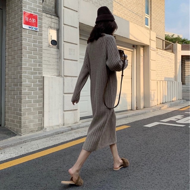 ニットワンピース 冬 韓国 ファッション レディース 冬服 ボトルネック ロングワンピース 秋冬 レディース ロングニットワンピース シンプル 上品 かわいい ワンピース ニット ブラウン オフホワイト グレー ニット ワンピ ハイネック Vestito
