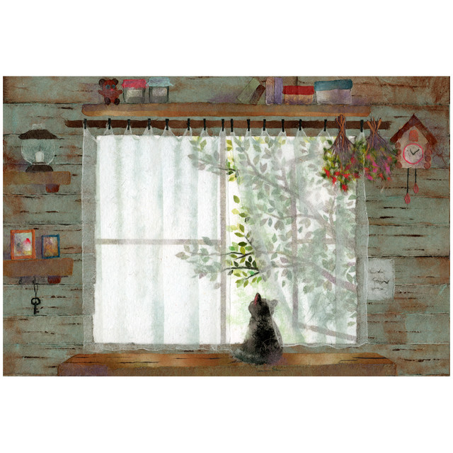 風とお話 窓辺の黒猫シリーズ春 かわいいにゃんこのポストカード 和紙絵工房 和紙絵作品のプリントweb通販