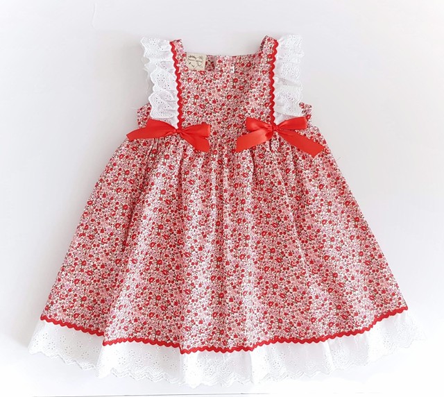 ラスト1点5y ツインリボン ワンピース ピンク レッド フラワー Heart Spring スモッキングワンピースと可愛い子供服