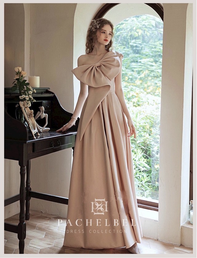 ピンクパフスリーブリボンドレス Pachelbel パッヘルベル カラードレスショップ