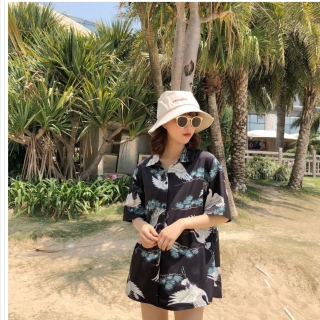 大きいサイズ レディース トップス 半袖 トップス ブラウス アロハシャツ レディース メンズ ユニセックス 開襟シャツ 半袖 鶴 和柄 ゆっ Basecamp49