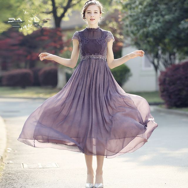 マキシロング丈ワンピース ハイネック 半袖 フレンチスリーブ シフォン ロングワンピース フェミニン ウエストマーク パーティー パーティドレス ドレス 二次会 ブライズメイド 結婚式 春 夏 Uki Uki