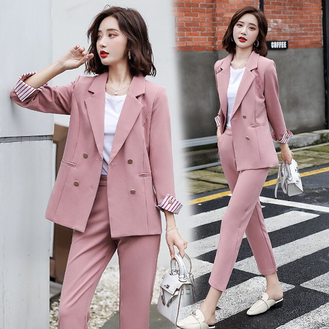 全3色 2点セット レディース スーツ 金wボタン 折返し袖 テーラード襟ジャケット パンツ セットアップ 長袖 ストライプ ブラック ブルー ピンク S M L Xl Favoriteselect