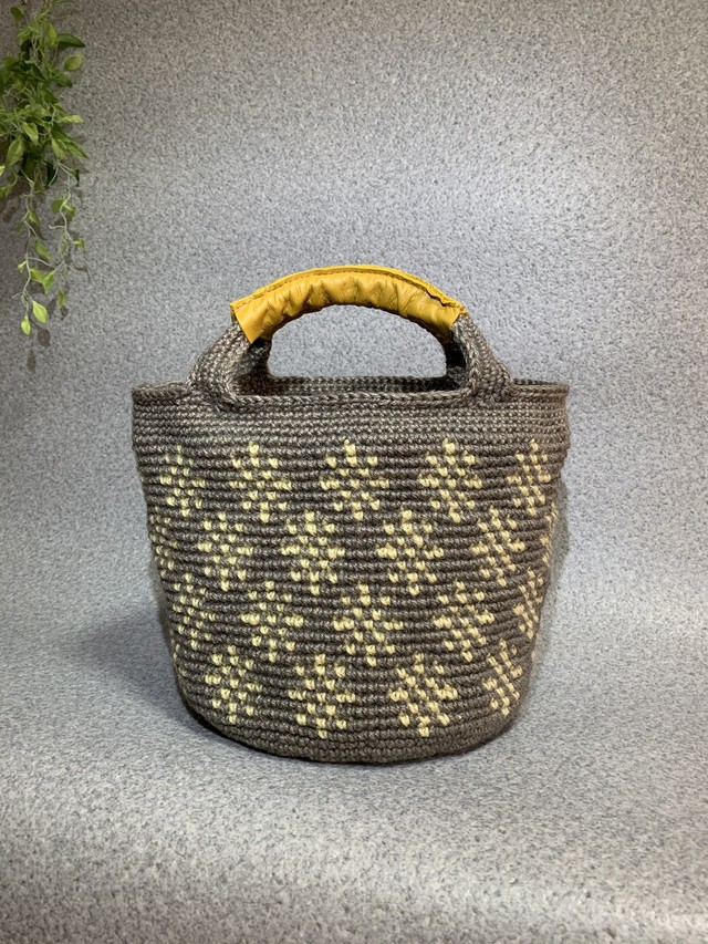 麻ひもかごバックm グレー ホワイト柄 持ち手革 Otton