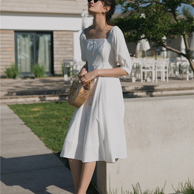 ブッファンスリーブ ミモレ丈 ワンピース レディース ひざ丈ワンピース 白 夏服 バルーンスリーブ 甘め スクエアネック きれいめ Rx0321 Raxia ラクシア