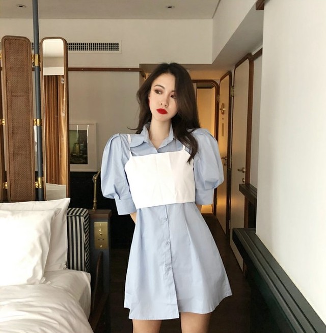 レイヤード シャツワンピース 夏服 レディース ビスチェ ブラウス ワンピ 韓国 ファッション レディース リボン ミニワンピース ベスト セットアップ レディース アンサンブル キャミ レイヤード トップス チュニック ワンピース ミニ Vestito