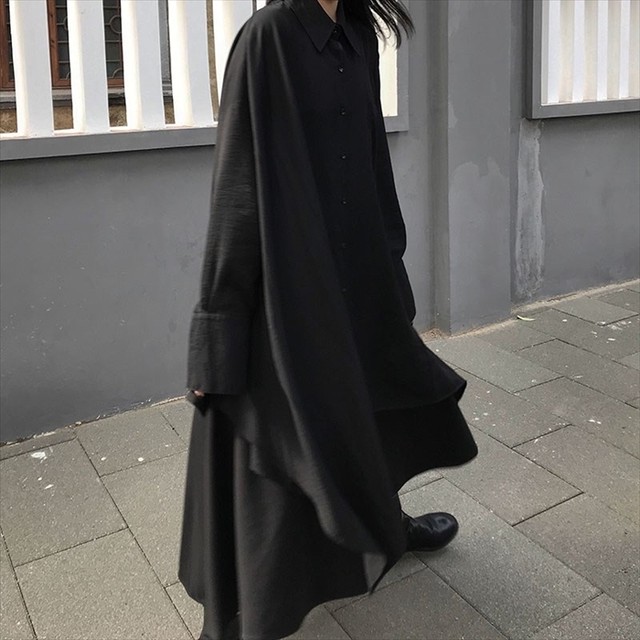 ゴスロリ ワンピース シャツワンピ アシンメトリー ロング丈 長袖 レイヤー風 ブラック 病みかわいい ゴシック系 ビジュアル系 モード系 フェス 天使と悪魔 サブカル系ファッション Seasonz