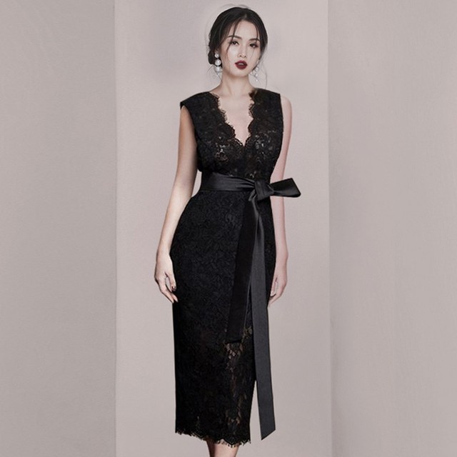 パーティードレス 結婚式 二次会 ワンピース お呼ばれドレス 代 30代 40代 ミモレ丈ワンピース お呼ばれ セクシー レース ドレス ノースリーブ Vネック Ta70 Dress No Sato