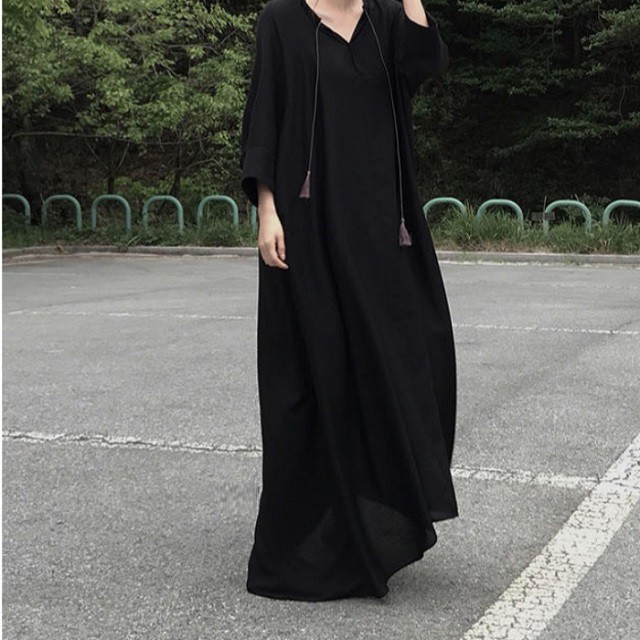 ワンピース ロングワンピース 大人ワンピース 黒ワンピース Vネック 長袖 タッセル 無地 カジュアル 大人 原宿 お洒落 G960 Mhf Clothes