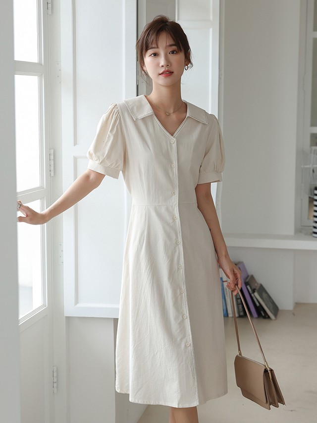 ワンピース シンプル ホワイト ネイビー 夏 半袖 膝下 Vネック Aライン 襟 Quadrifolie クローバー