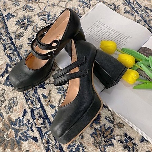 足元映え レトロガーリー ダブルストラップパンプス スクエアトゥ 靴 シューズ 脚長 美脚 歩きやすい デート お出かけ Ptnym3643 Shop Suba