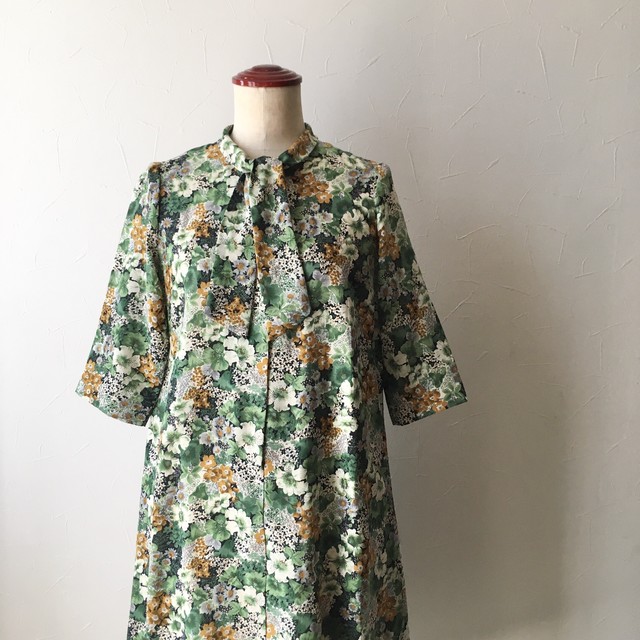 お花畑七分袖ワンピース 昭和レトロ 古着 Vintage Used 古着と雑貨のお店 Balalaika
