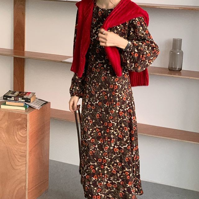 レディース ワンピース 秋冬 長袖 花柄aラインロングワンピース 花柄 ミモレ丈 ロング丈 マキシロング丈 クラシカル レトロ シック フェミニン ガーリー 大人ガーリー 大人カジュアル カジュアル 秋 冬 レッド ブルー S 2xlサイズ Ukiukionepicec