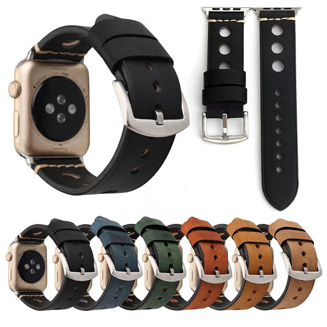 ラウンド ホール レザー アップルウォッチ 替えベルト バンド ブラック ピンク ブラウン ローズレッド ブルーホワイト Apple Watch Belt 38mm 42mm Nw728 Loverytrading