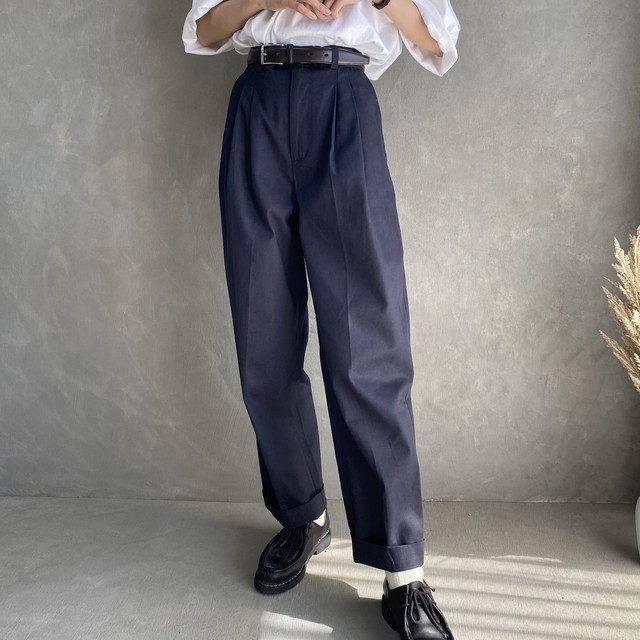 high waist tuck chino 【navy】【unisex】