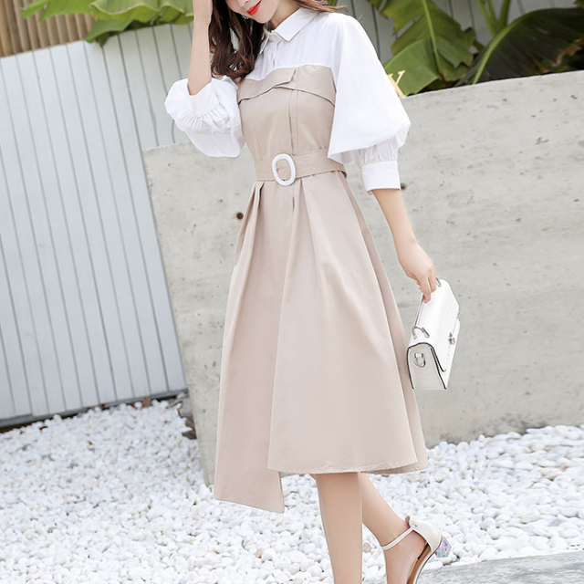 バイカラー ワンピース ビスチェ風 ボリューム袖 七分袖 ミディ丈 ミモレ丈 スカート 春服 秋服 フェミニン レディース デート服 韓国 ファッション C0032 Aeka Clothet