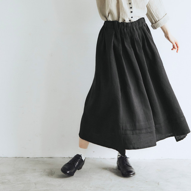 Magali キャンバスリネン ロングギャザースカート ブラック Piece Online Shop