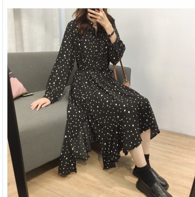 韓国 冬服 レディース 大きいサイズ 秋服 水玉ワンピース 大きいサイズ シャツワンピース Aライン ワンピース ゆったり 長袖 黒 ブラック Basecamp49