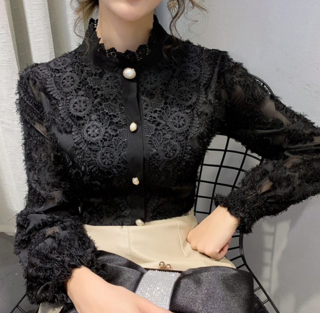 ヨーロピアンテイスト レトロかわいい レーストップス トップス レディース レース スタンドカラー パールボタン きれいめ レトロ フォーマル 甘め パフスリーブ 韓国ファッション 代 30代 40代 春 秋 冬 送料無料 韓国レディース キッズファッション