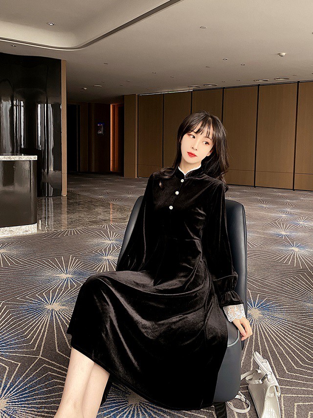 ロングワンピース シンプル 無地 チャイナドレス ベロア ベルベット バックジッパー 大きいサイズ 送料無料 レトロ 裾レース パフスリーブ 大人 パーティー Ys04 Fashion Mille