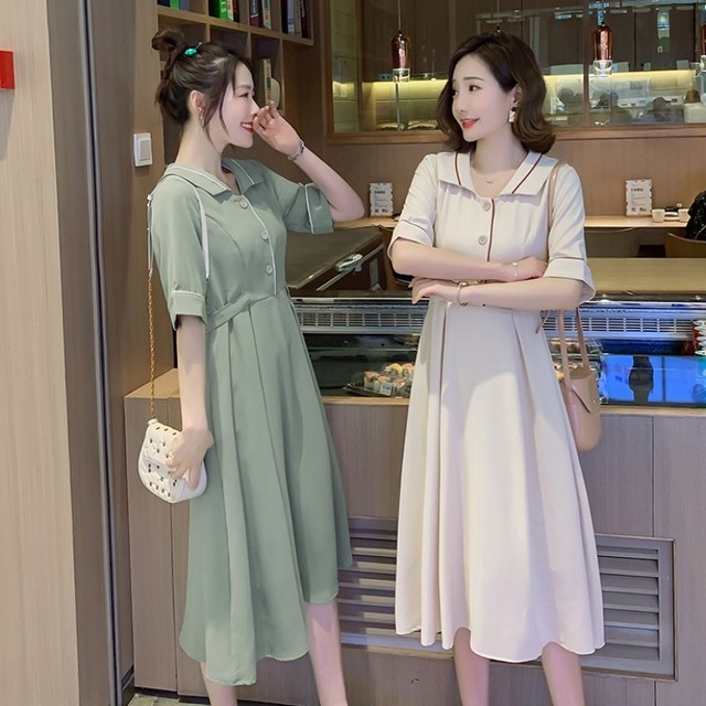 マタニティ ワンピース 半袖 夏 春 レトロ 大きいサイズ ロング丈 前開き 襟付き バックリボン 白 緑 ホワイト グリーン Aライン Vネック フレア シンプル 無地 大人可愛い フェミニン ガーリー 妊婦服 授乳服 マタニティウェア マタニティ授乳服 Mommystyle