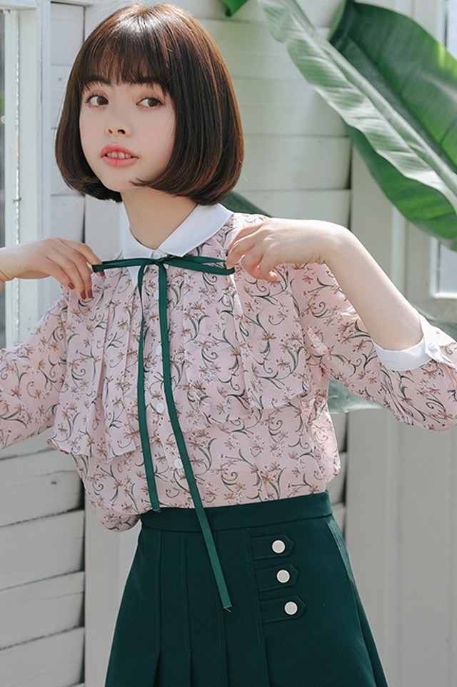 フリル シフォンブラウス 襟付き ホワイト 大人カワイイ 秋服 韓国 ファッション レディース 大きいサイズ 上品 大人カジュアル オルチャンファッション 花柄レース レースブラウス フリルシャツ レディース 韓国 オルチャン ファッション Ncho