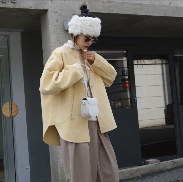 送料無料 ルーブル冬の新しいフランスの怠惰で柔らかいスタンドカラーウール手作り両面ウールコートルーズショートコート女性 アリババ ウィンター 冬物 レディース 韓国ファッション レディースコーデ プチプラ Ootd今日の服 セレクトショップ 海外輸入