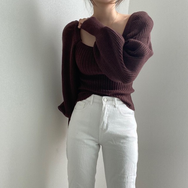 993 デコルテがキレイに見えるキュートなランタンスリーブニット ワインレッド 海外のプチプラきれいめカジュアルレディースファッション Pakaian Lucu 海外のプチプラきれいめカジュアルレディースファッション Pakaian Lucu
