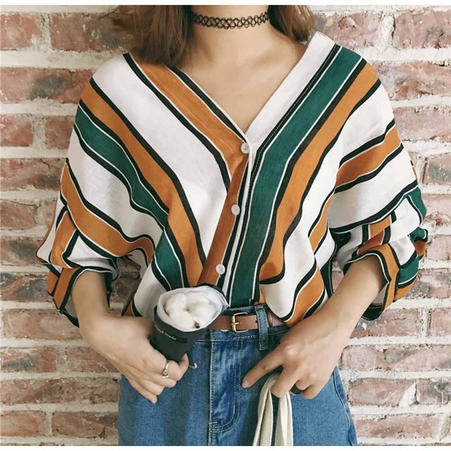 スキッパーシャツ Vネック ブラウス レディース 長袖 シャツ マルチストライプ レディース 韓国ファッション 直輸入通販 セクシーワンピース クールカジュアル 全品送料無料 Ukky Franky