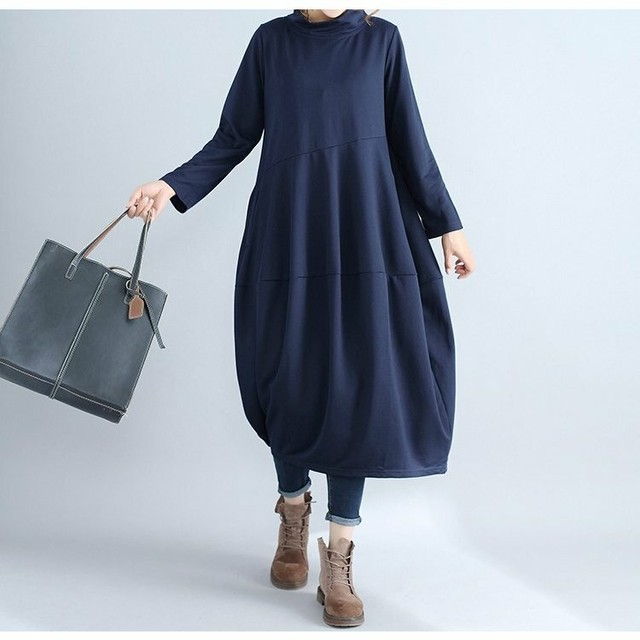 即納 Wl39 コクーンワンピース きれいめ ゆったり ロング マキシ丈 着痩せ 長袖 体型カバー 長め Durantaセレクト