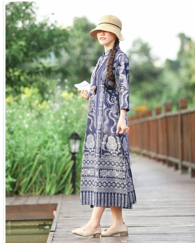 セレブ風 ワンピース 森ガール ワンピース 秋 冬 レディース エスニック 民族風 ワンピ プリント 長袖 体型カバー Basecamp49