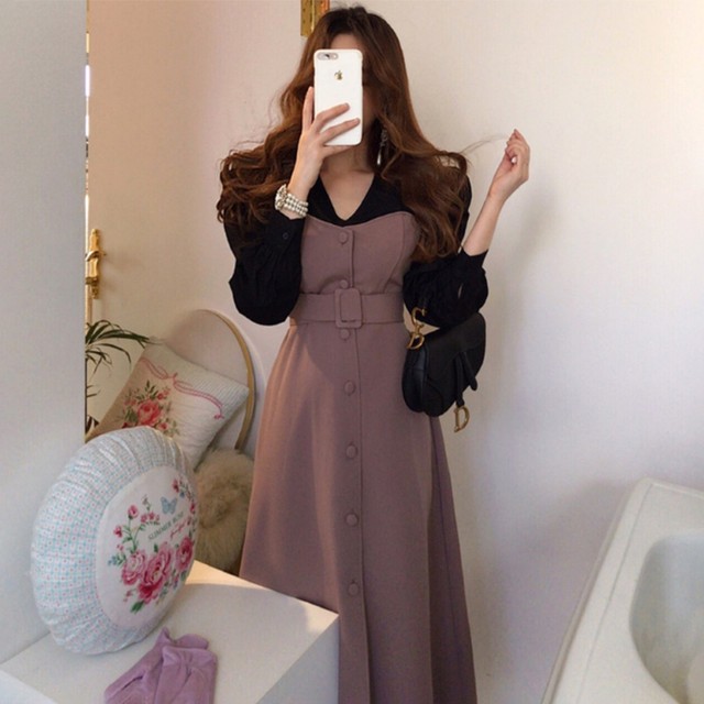 重ね着風ロングワンピース ワンピース ロング丈 Vネック 切り替え レトロ エレガント デート 女子会 韓国 オルチャン 韓国レディースファッション通販 ポワン