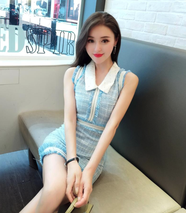 ツイードワンピ ペールトーン ツイード ワンピース ツイードワンピース ノースリーブ ミニ丈 膝上丈 ブルー 白えり 異素材ミックス ライン パイピング フリンジ ウエストマーク ウエストシェイプ スリム コンパクト セクシー 華やか カジュアル フェミニン 通学 お出かけ