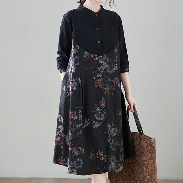 ワンピース レディース シャツワンピース ノーカラー 和柄 花柄 和風 無地 アンティーク レトロ ミモレ丈 長袖 Aライン フレア ボタン Adono アドゥーノ