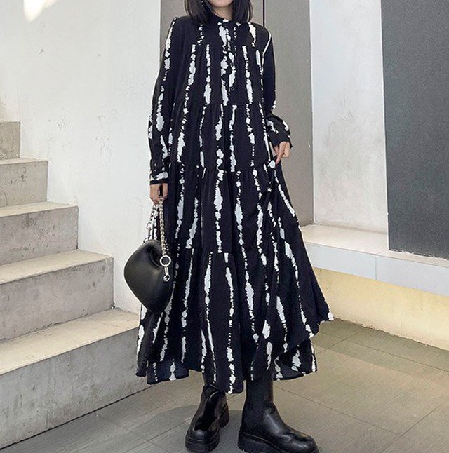 ロングワンピース シャツワンピース ティアード ワンピース モノトーン モード 長袖 ロング 秋冬 春 冬スペシャルセール 大きいサイズ ロング ワンピース シャツワンピース ティアード ワンピース Leaflower 001 リーフラワー レディースファッション専門店