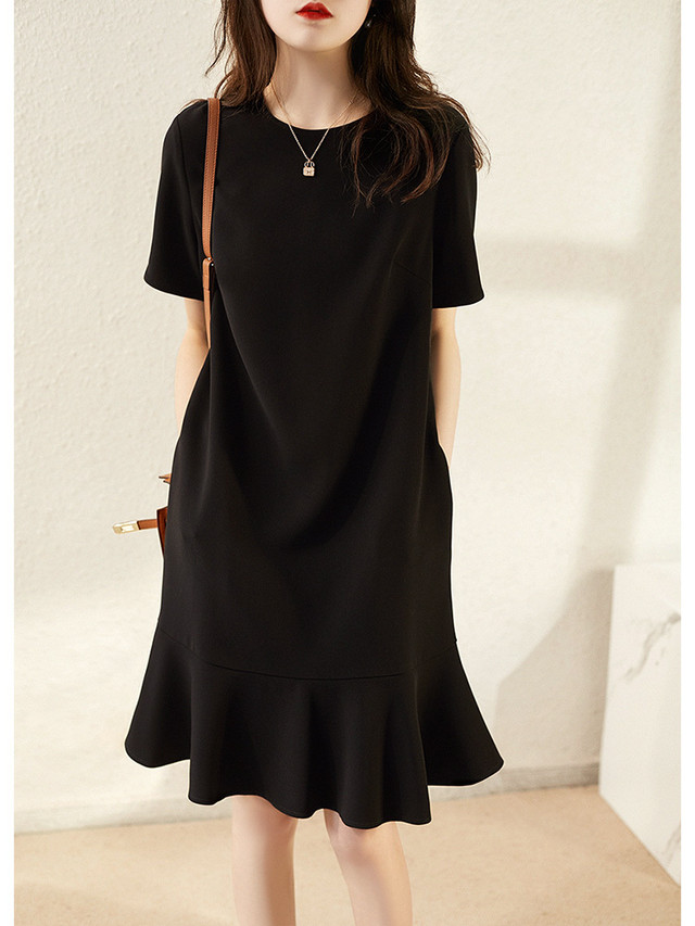 ワンピース レディース きれいめ 春夏 半袖 膝丈 ラウンドネック Aライン 無地 シンプル 大人 ブラック ウッディーベース1号店