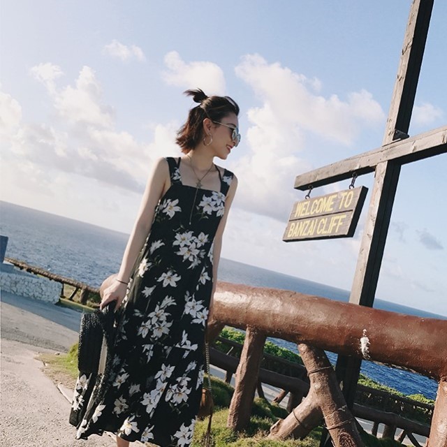 春夏 New 大柄花柄 ボヘミアン風 ロングワンピース 黒 ボタニカル柄 トレンド Mt0240 ふくふくの木