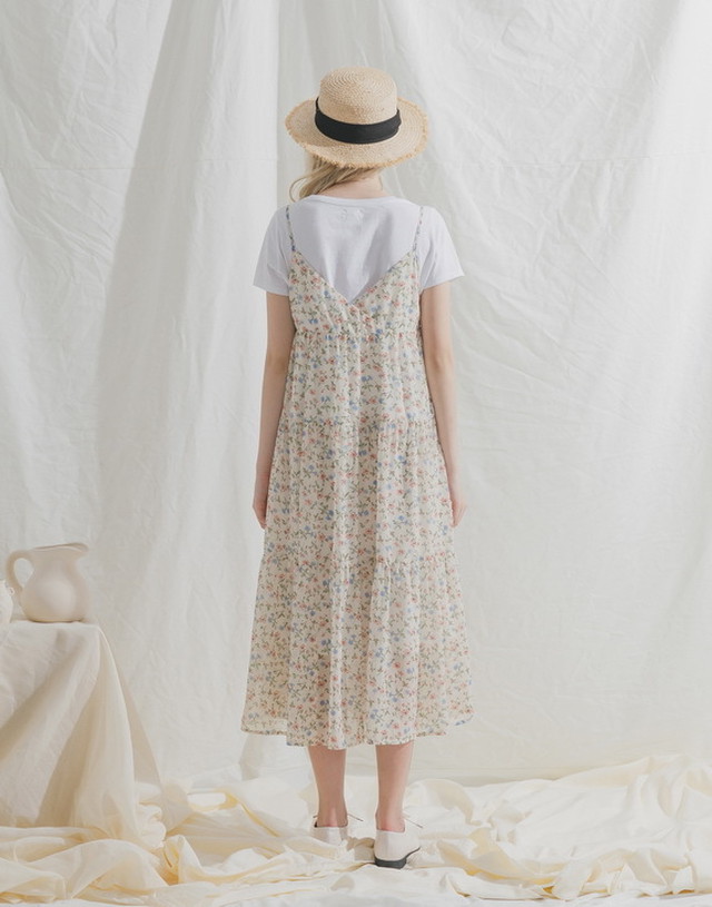 ワンピース キャミワンピ 花柄 キャミソールマキシワンピース ティアードワンピース かわいい 春色 デート 代 30代 ゆったり 体型カバー 着痩せ 楽ちん シースルー 透け感 春夏 2color ブルー ホワイト ガーリー フェミニン きれいめ お出かけ 休日 旅行 ロングワンピ