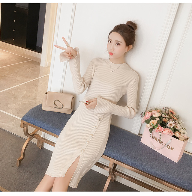 冬物 長袖 スリット タイト ひざ丈ワンピース ミモレ丈ドレス ドレスワンピース タイトドレス 秋冬 パーティー 女子会 デート Dress Suba